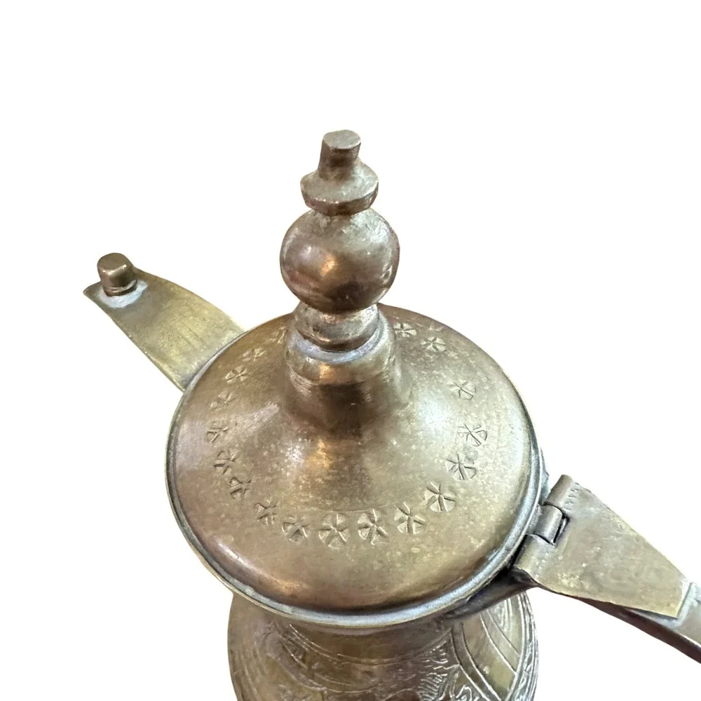 Vintage Brass Dallah Arabian Coffee Pot Hand Etched Middle Eastern 7.5in